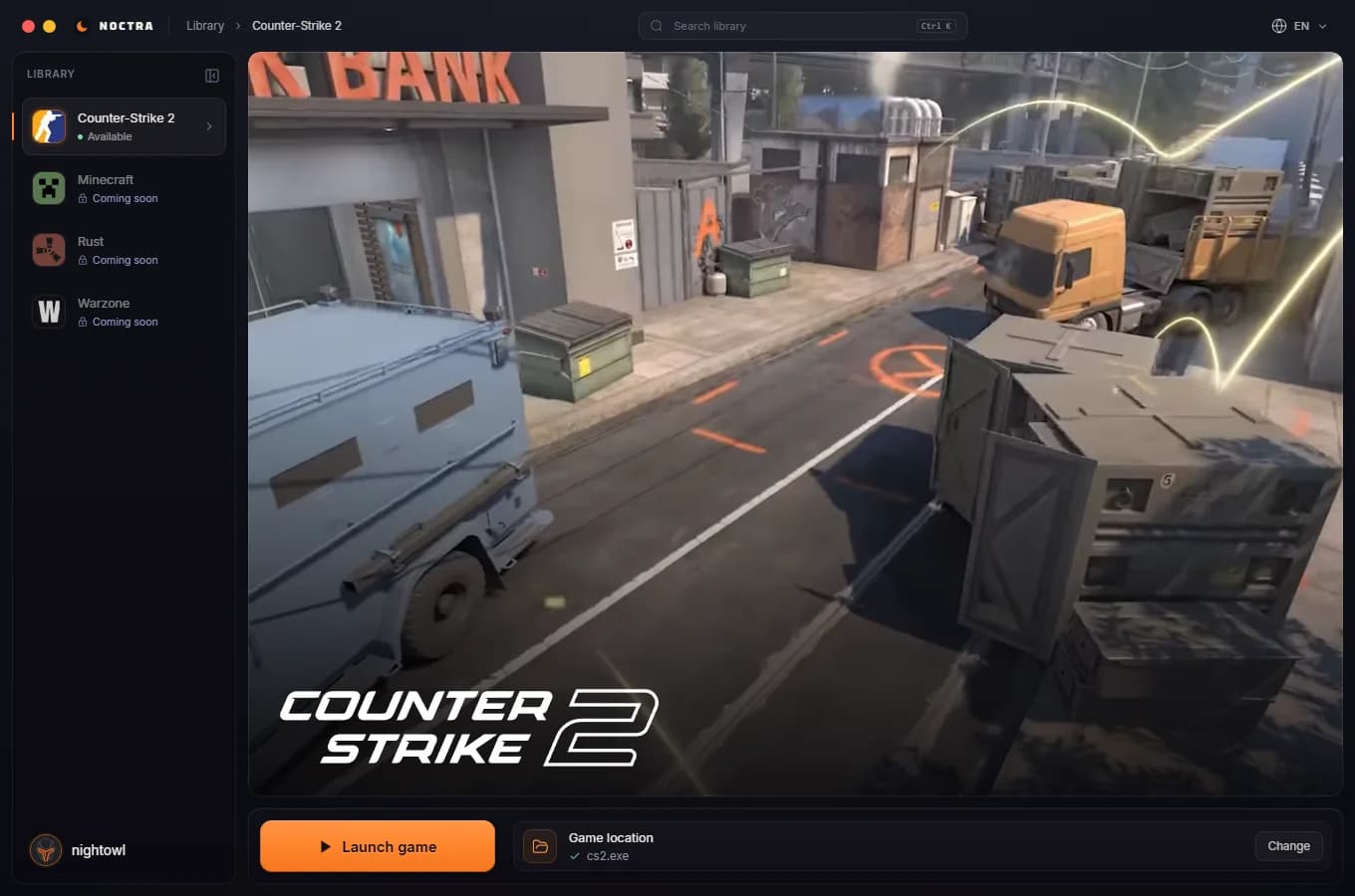 Noctra loader library with the Counter-Strike 2 scene, the Launch game button and Minecraft, Rust and Warzone marked coming soon