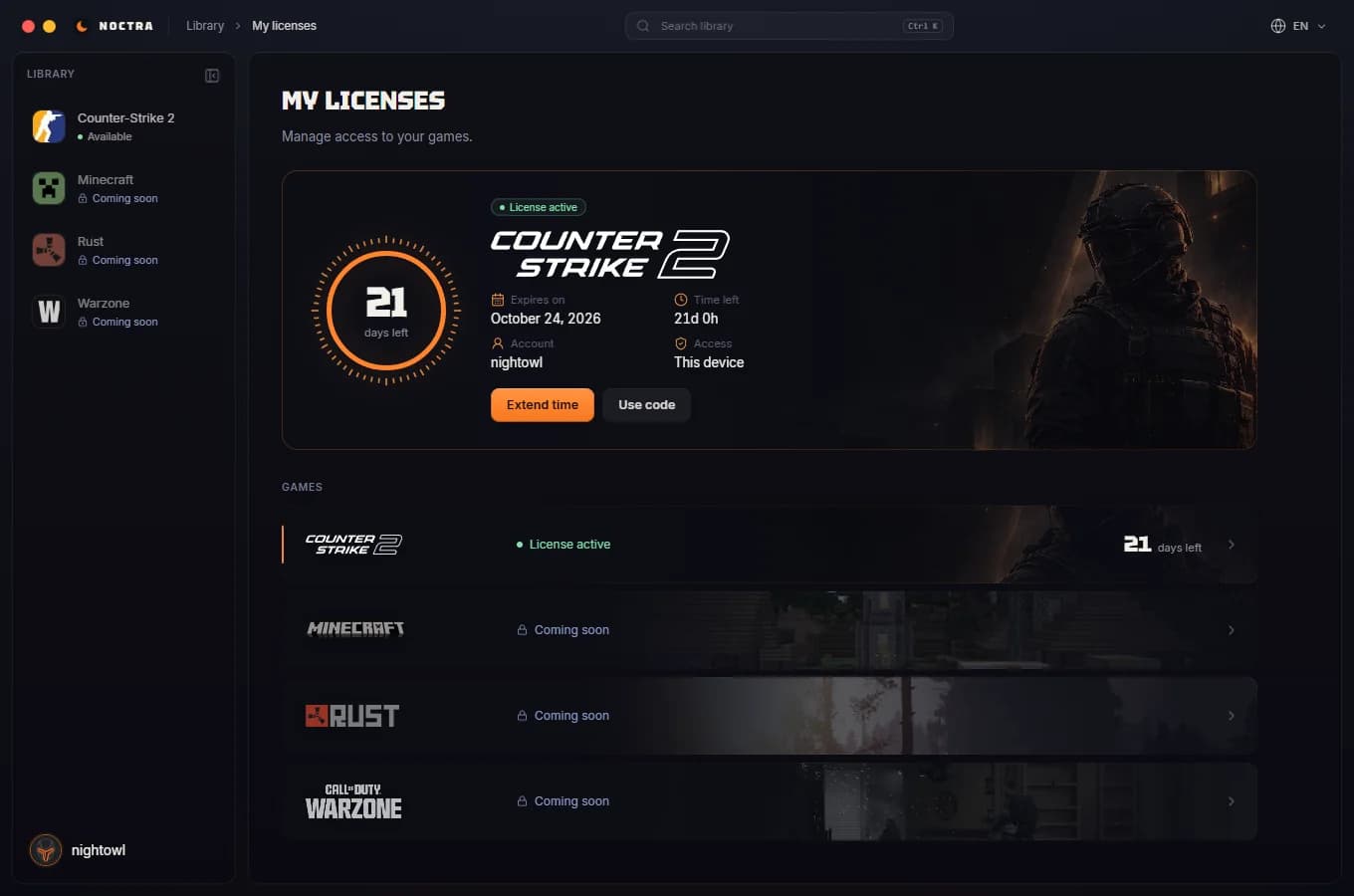 Noctra loader My licenses page with the Counter-Strike 2 license and its days left