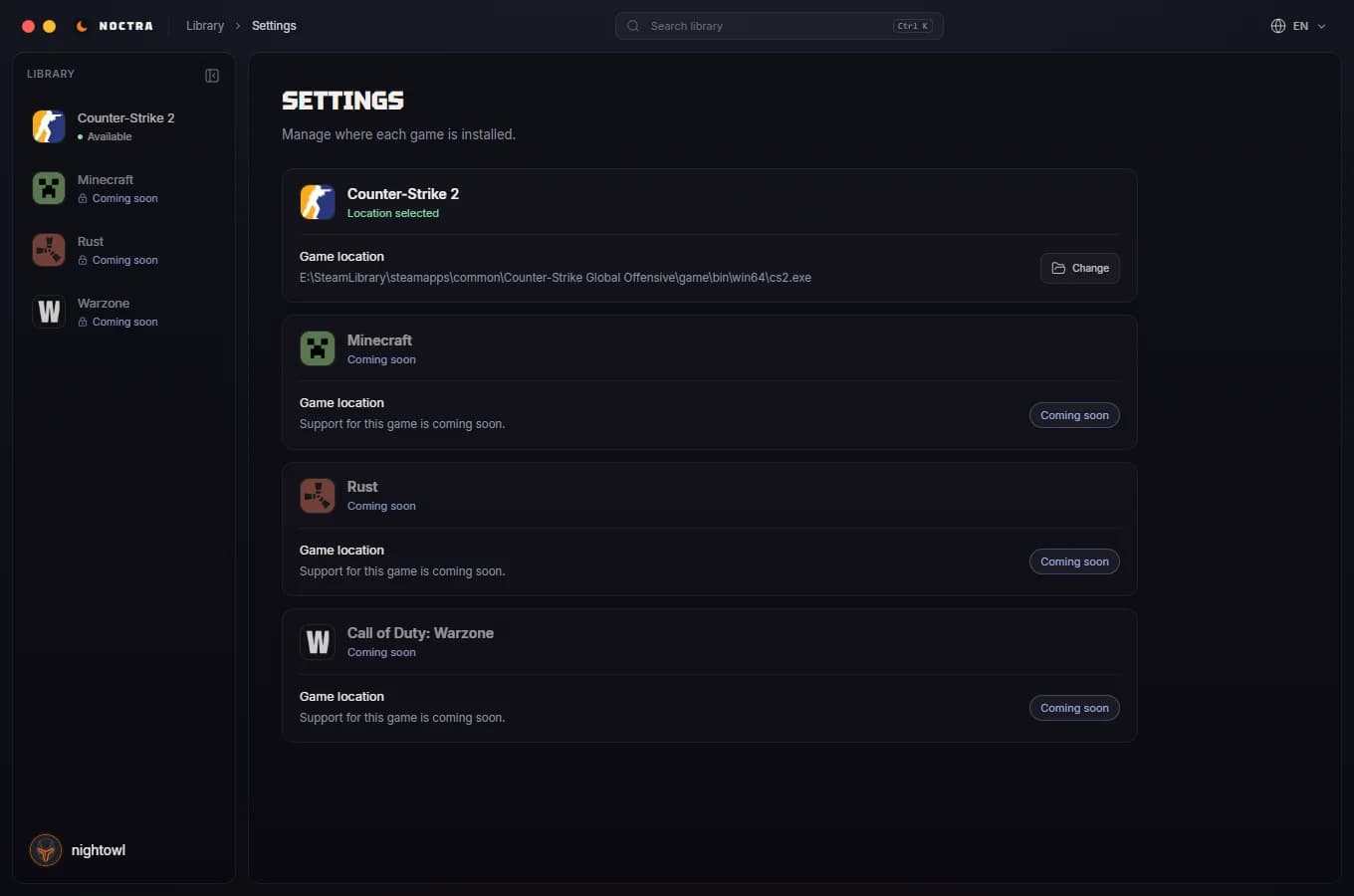 Noctra loader Settings page with a game location for each game