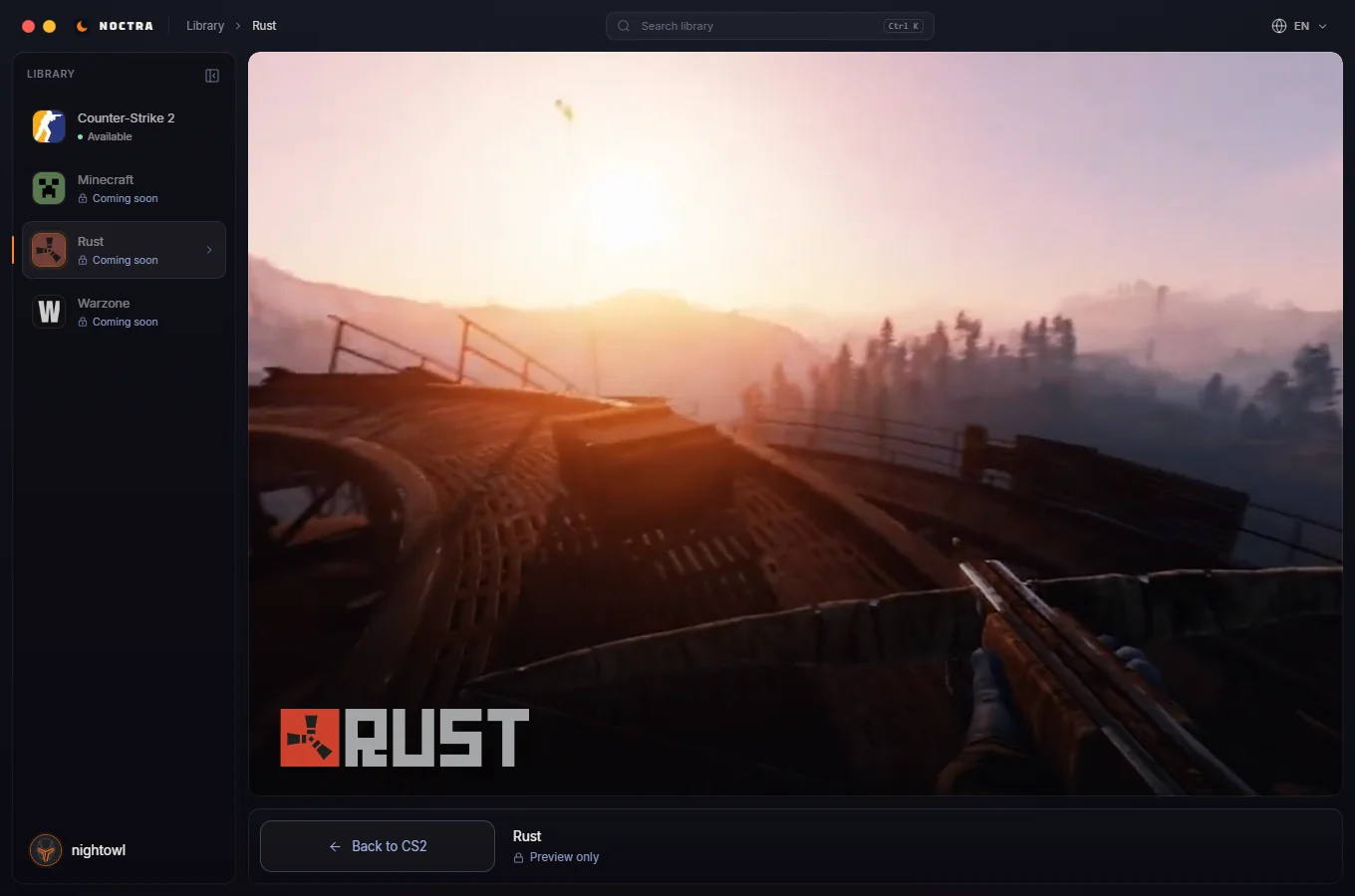Noctra launcher showing Rust